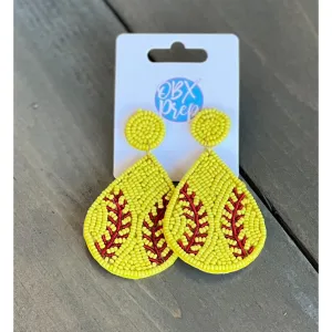 Softball Teardrop Seed Beaded Dangle Earrings