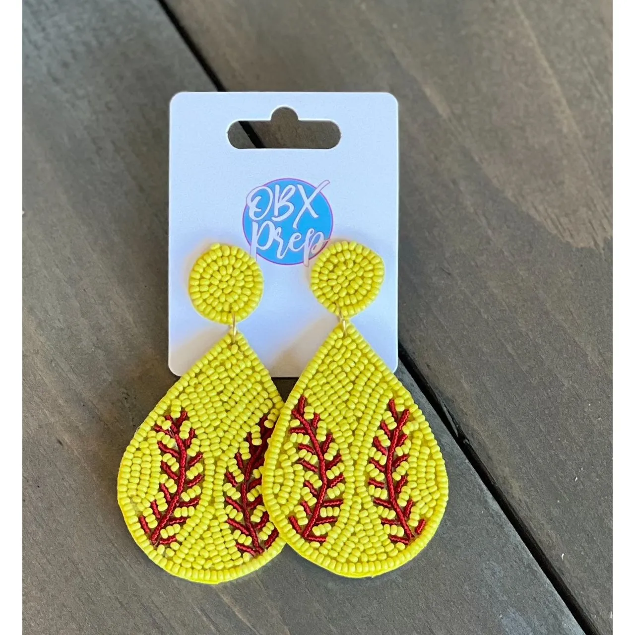 Softball Teardrop Seed Beaded Dangle Earrings