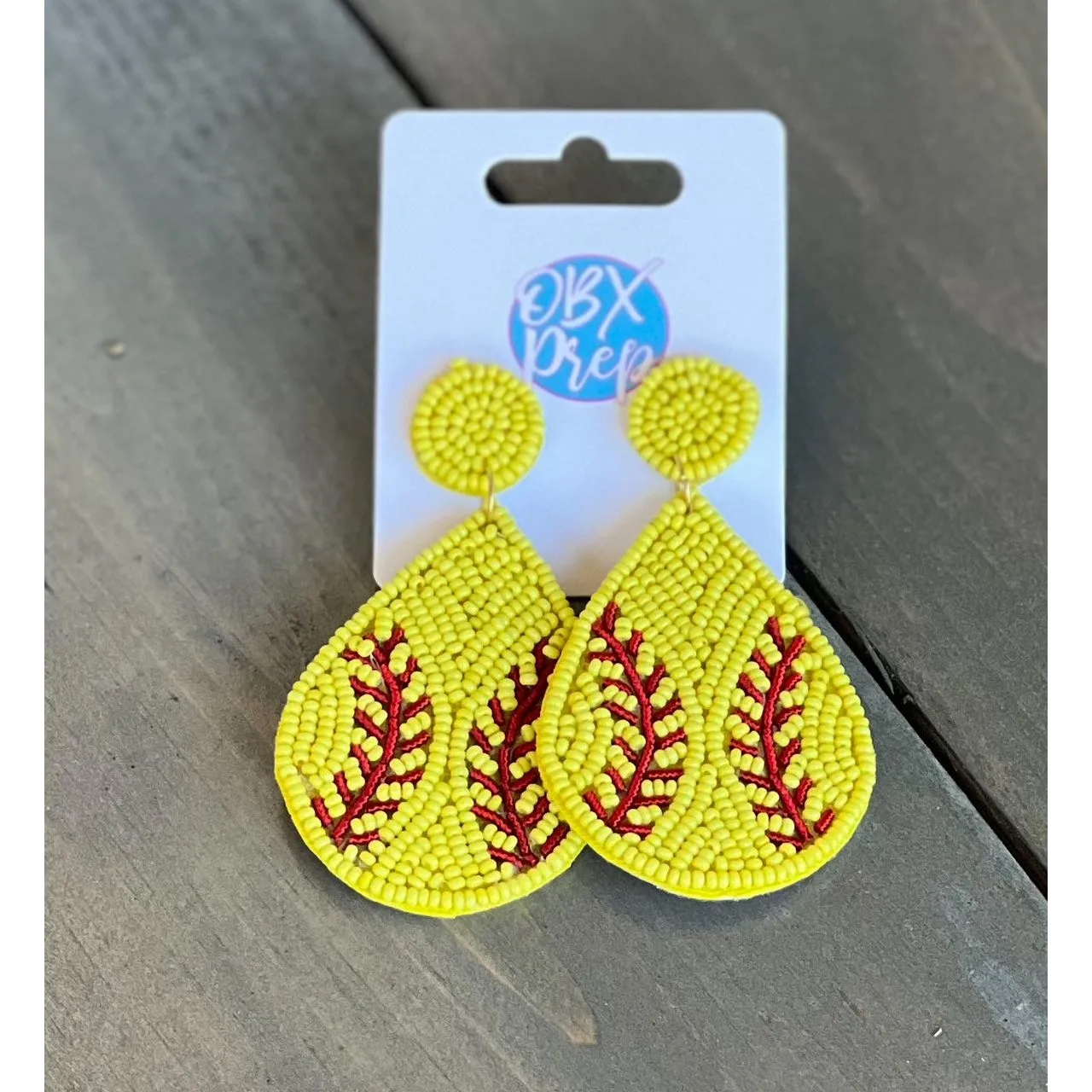 Softball Teardrop Seed Beaded Dangle Earrings