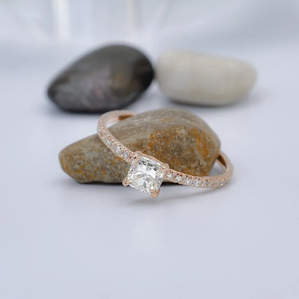 Special 0.80CT Cushion and Round Cut Diamond Engagement Ring in 14KT Rose Gold
