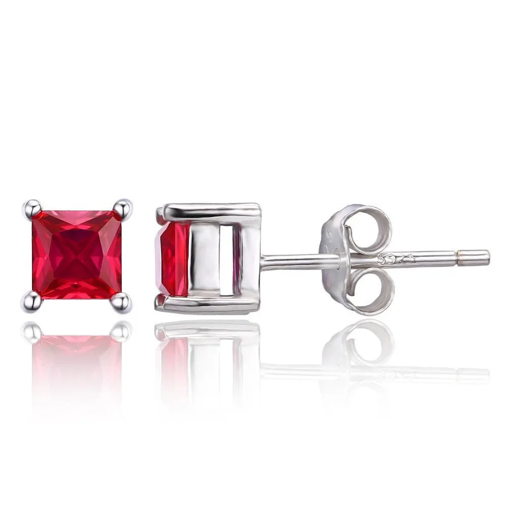 Square 0.8ct Created Red Ruby 925 Sterling Silver Stud Earrings For Women Classic Fashion Jewelry Charms Gift