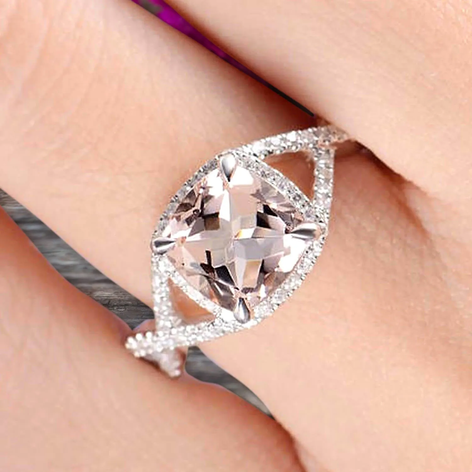 Staggering Looking Cushion Cut Morganite Engagement Ring 10k Rose Gold Halo Wedding Ring Anniversary Promise Surprisingly Ring