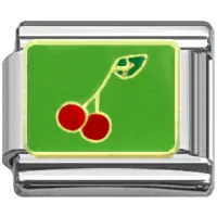 Stainless Steel 9mm Shiny 'Cherries on Green Background' Link for Italian Charm Bracelet