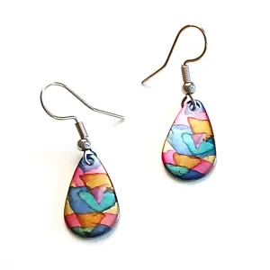 Stainless Steel & Ink Teardrop Earrings - Pink