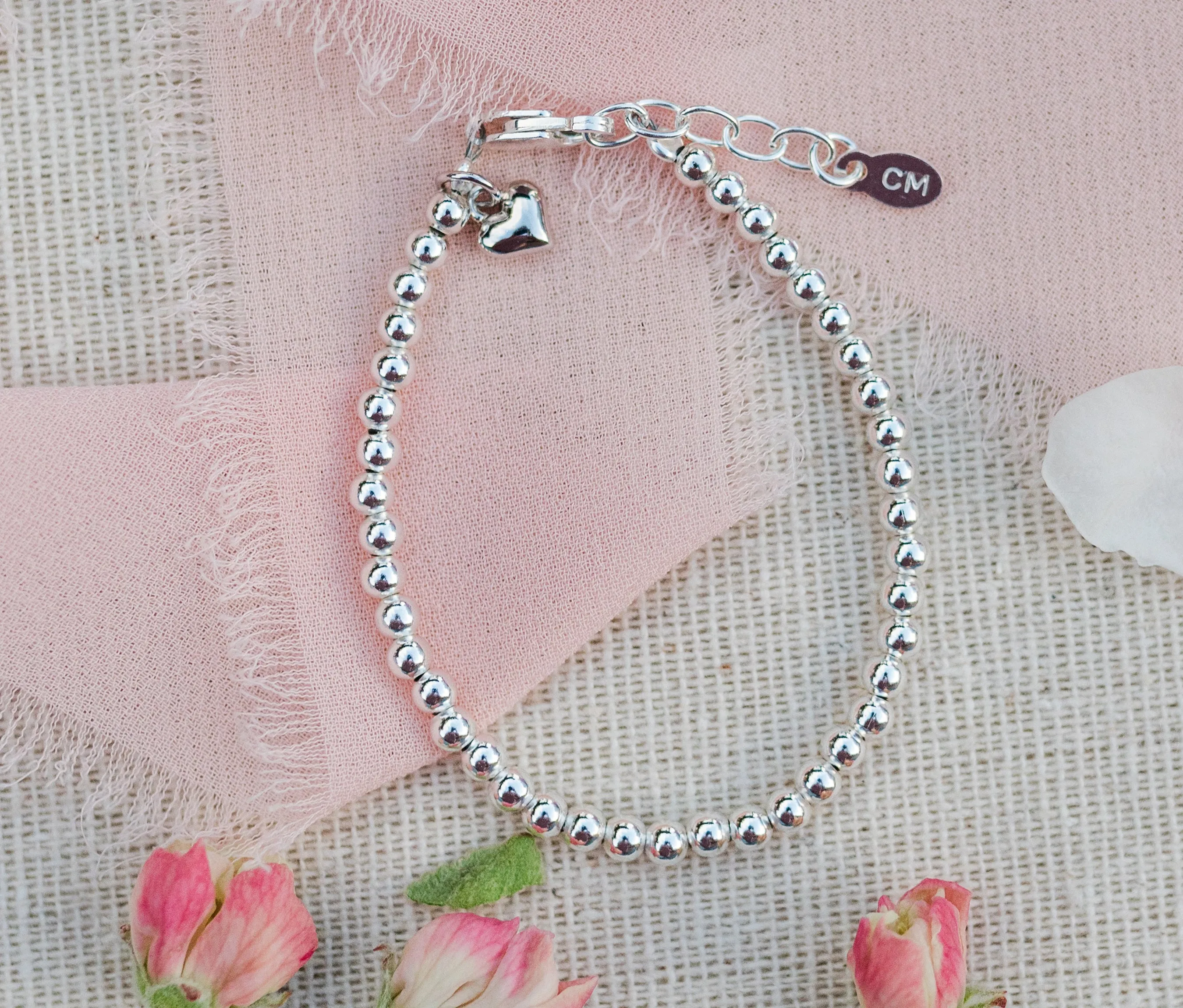 Sterling Silver Beaded Puff Heart Bracelet for Babies, Girls and Women