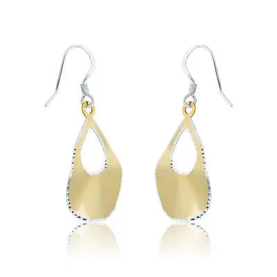 Sterling Silver Gold Plated Teardrop with Diamond Cut Edge Earrings (80035)