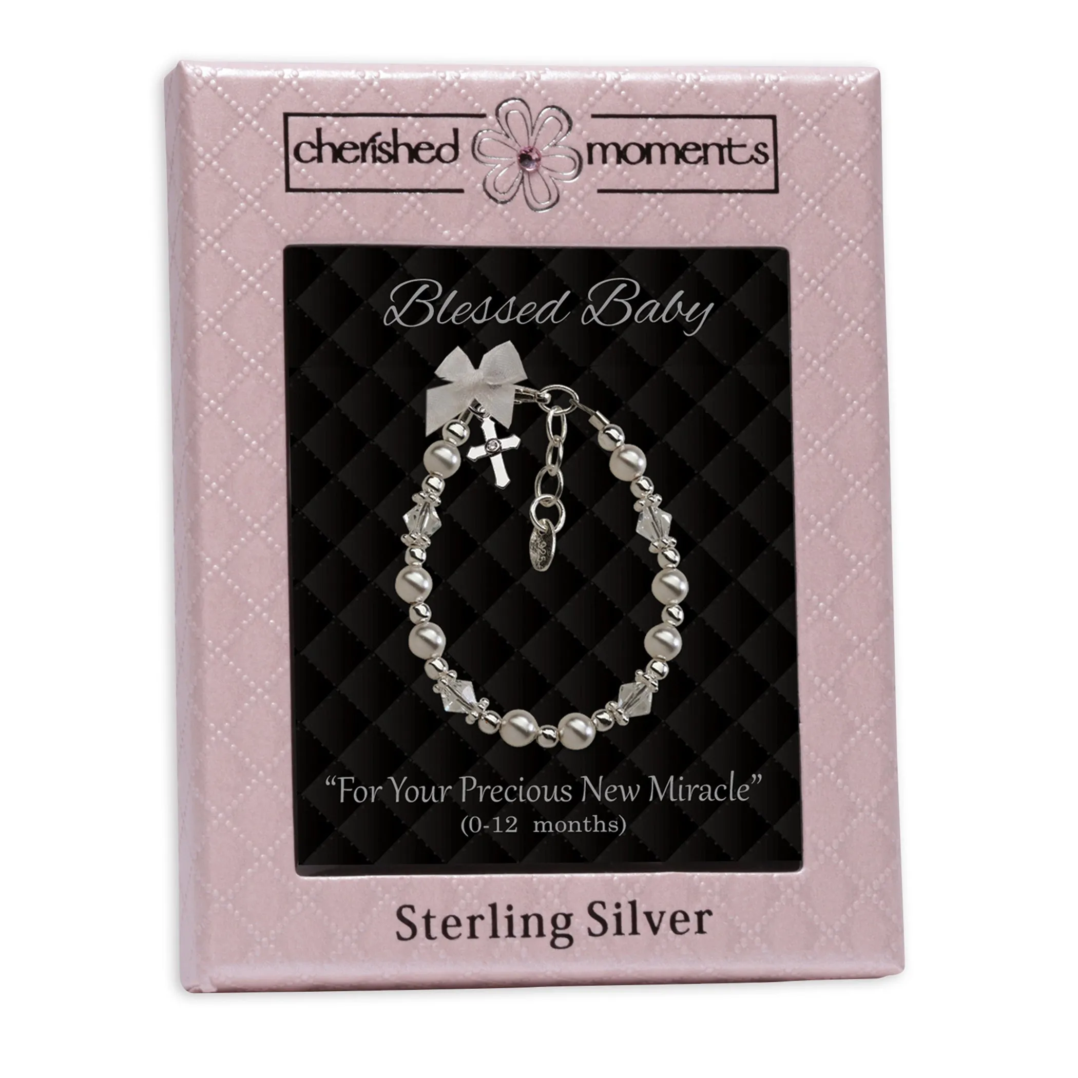 Sterling Silver High-End Austrian Simulated Pearl Cross Baptism Bracelet for Baby Girls
