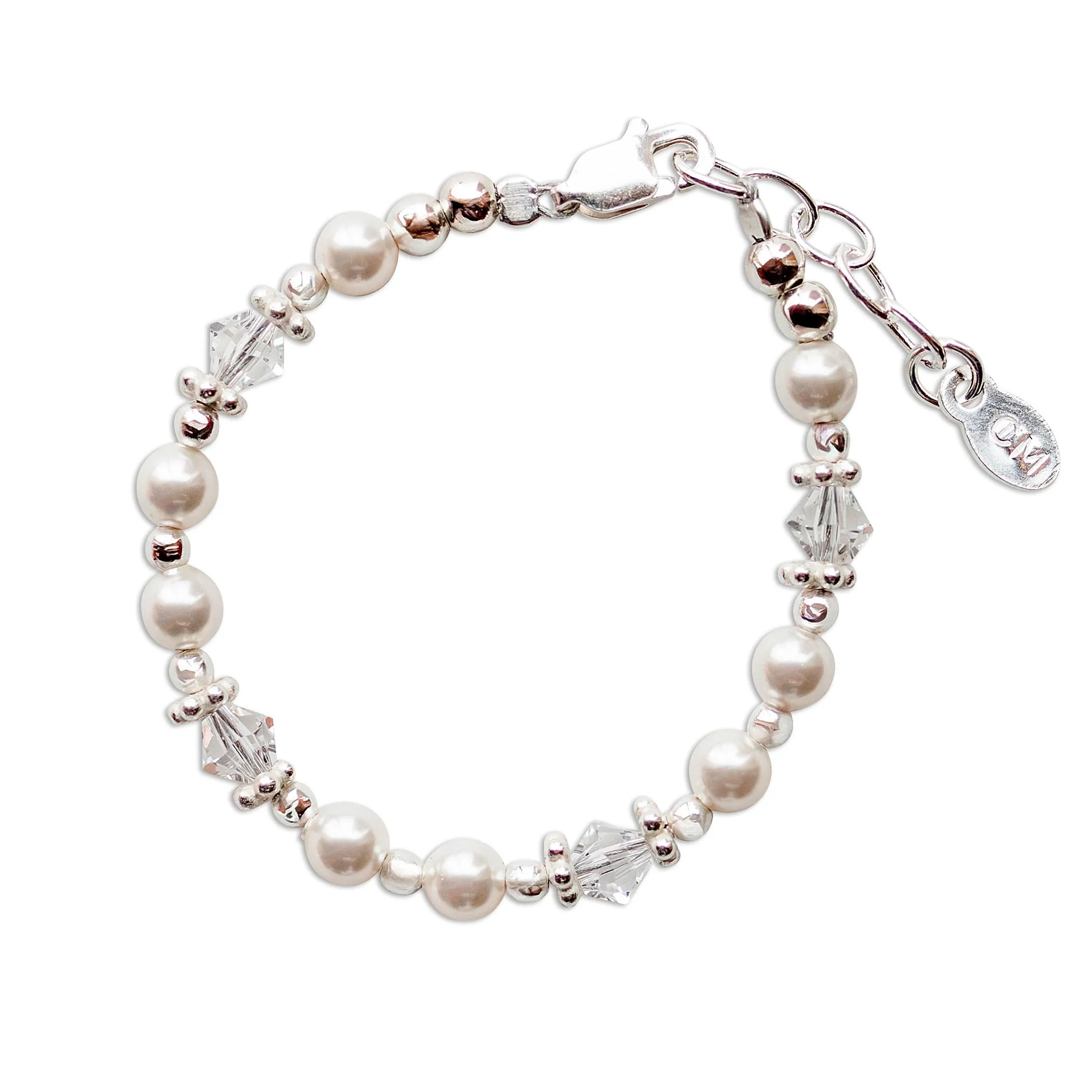 Sterling Silver High-End Austrian Simulated Pearl Cross Baptism Bracelet for Baby Girls