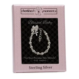 Sterling Silver High-End Austrian Simulated Pearl Cross Baptism Bracelet for Baby Girls