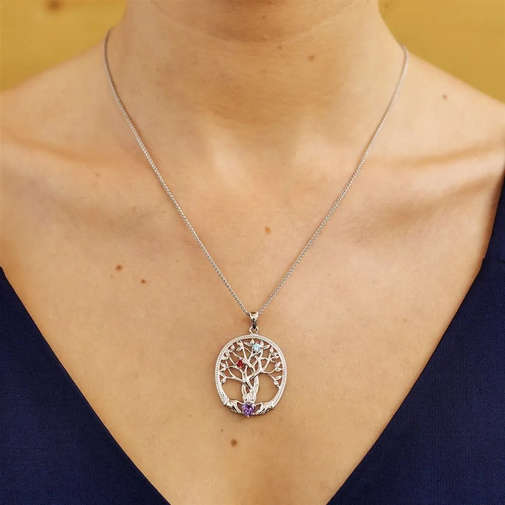 Sterling Silver Irish Family Claddagh Tree of Life Birthstone Pendant Mother and 2 Children - SP2247-2