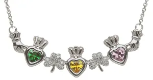 Sterling Silver Mother & Family Claddagh & Shamrock Birthstone Pendant Necklace LS-MP3-S