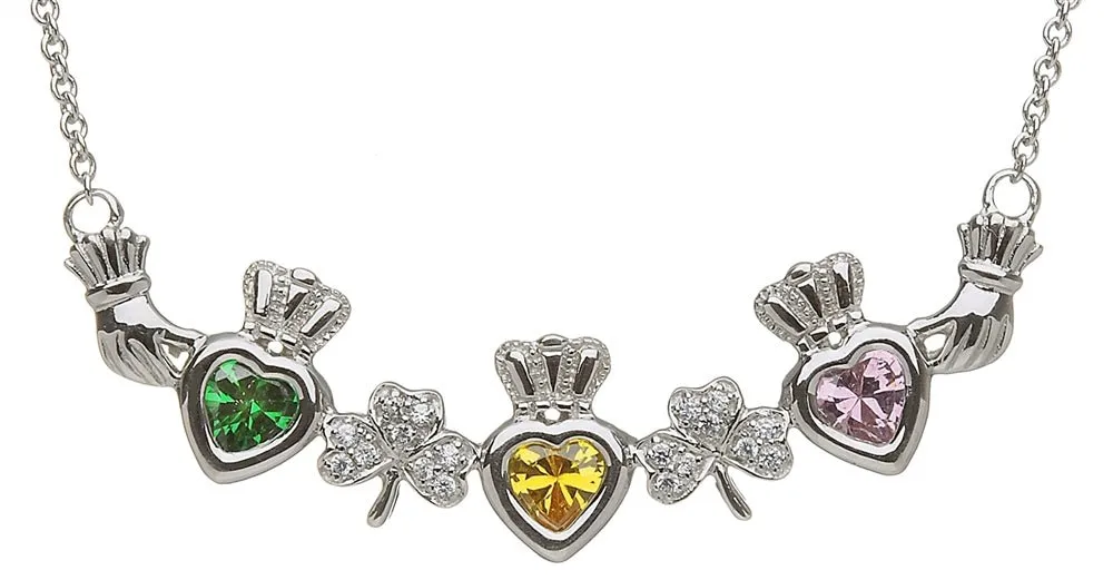Sterling Silver Mother & Family Claddagh & Shamrock Birthstone Pendant Necklace LS-MP3-S