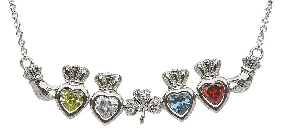 Sterling Silver Mother & Family Claddagh & Shamrock Birthstone Pendant Necklace LS-MP4-S
