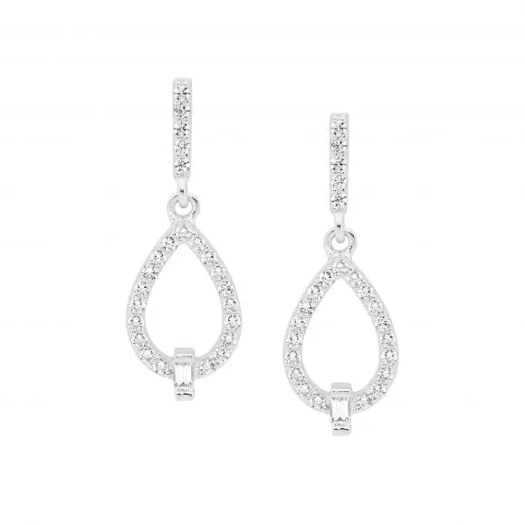 Sterling Silver OpenTear Drop Earrings with a featured Baguette Cubic Zirconia E584S