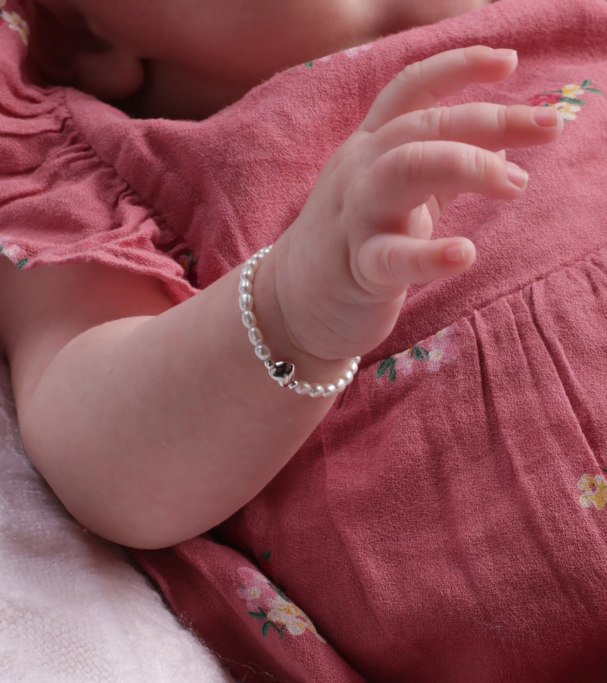 Sterling Silver Simulated Rice Pearl Baby Bracelet with Puff Heart for Kids