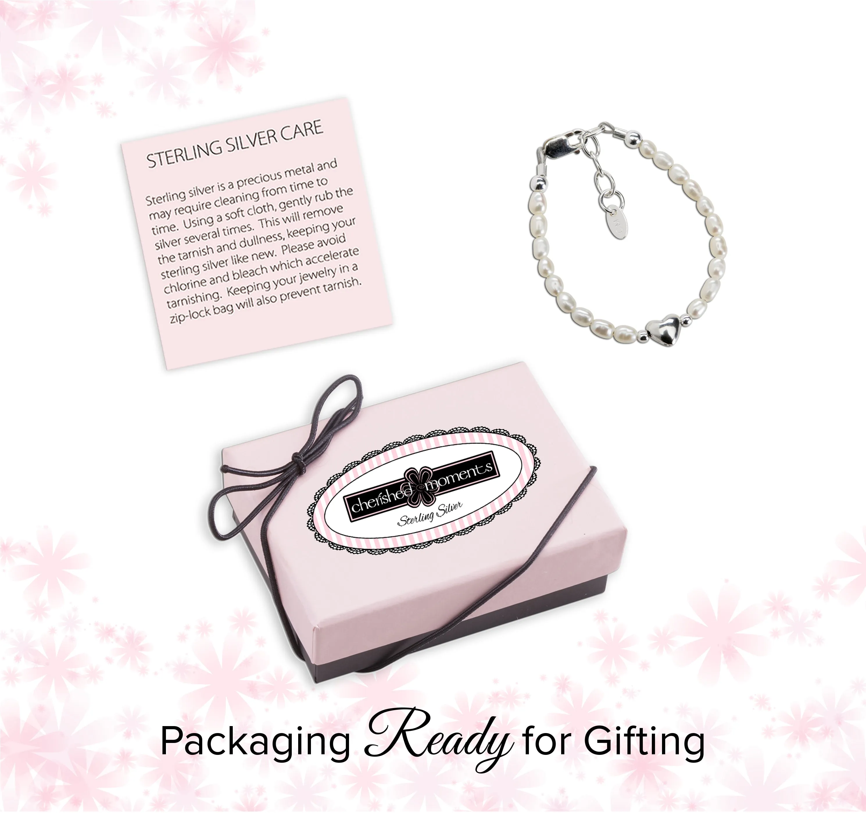 Sterling Silver Simulated Rice Pearl Baby Bracelet with Puff Heart for Kids