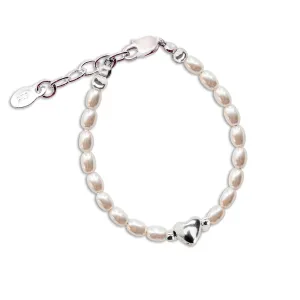 Sterling Silver Simulated Rice Pearl Baby Bracelet with Puff Heart for Kids