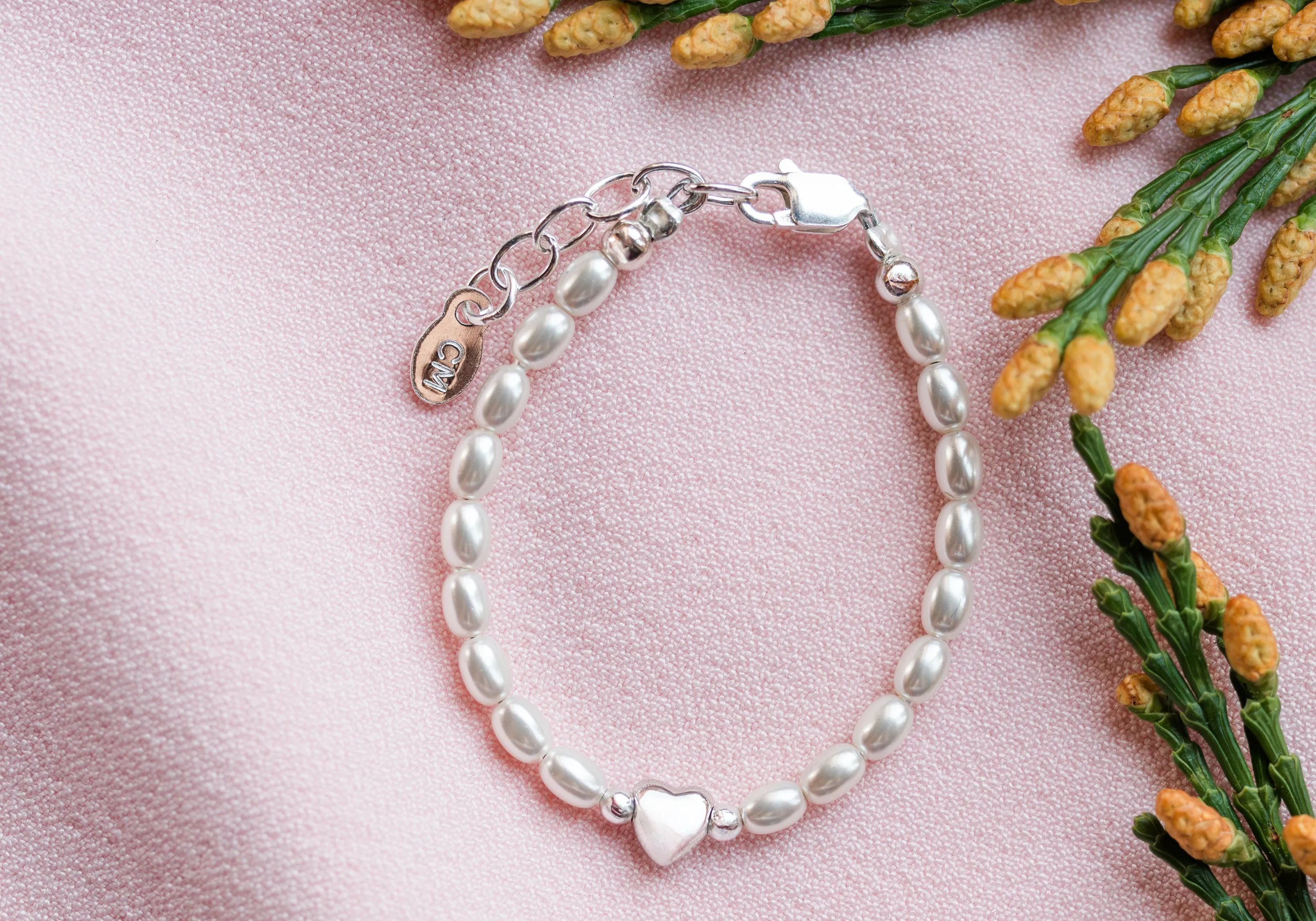 Sterling Silver Simulated Rice Pearl Baby Bracelet with Puff Heart for Kids