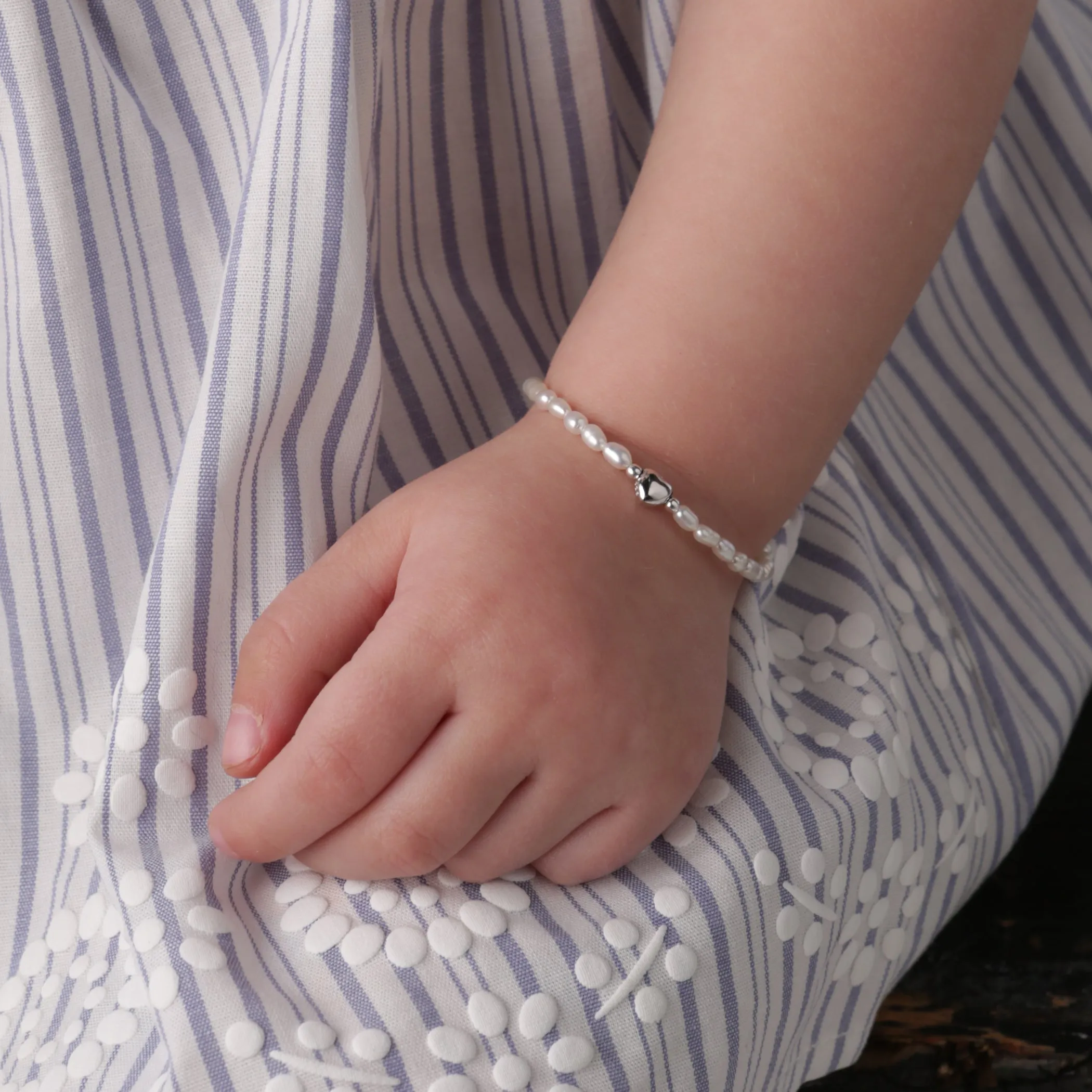 Sterling Silver Simulated Rice Pearl Baby Bracelet with Puff Heart for Kids