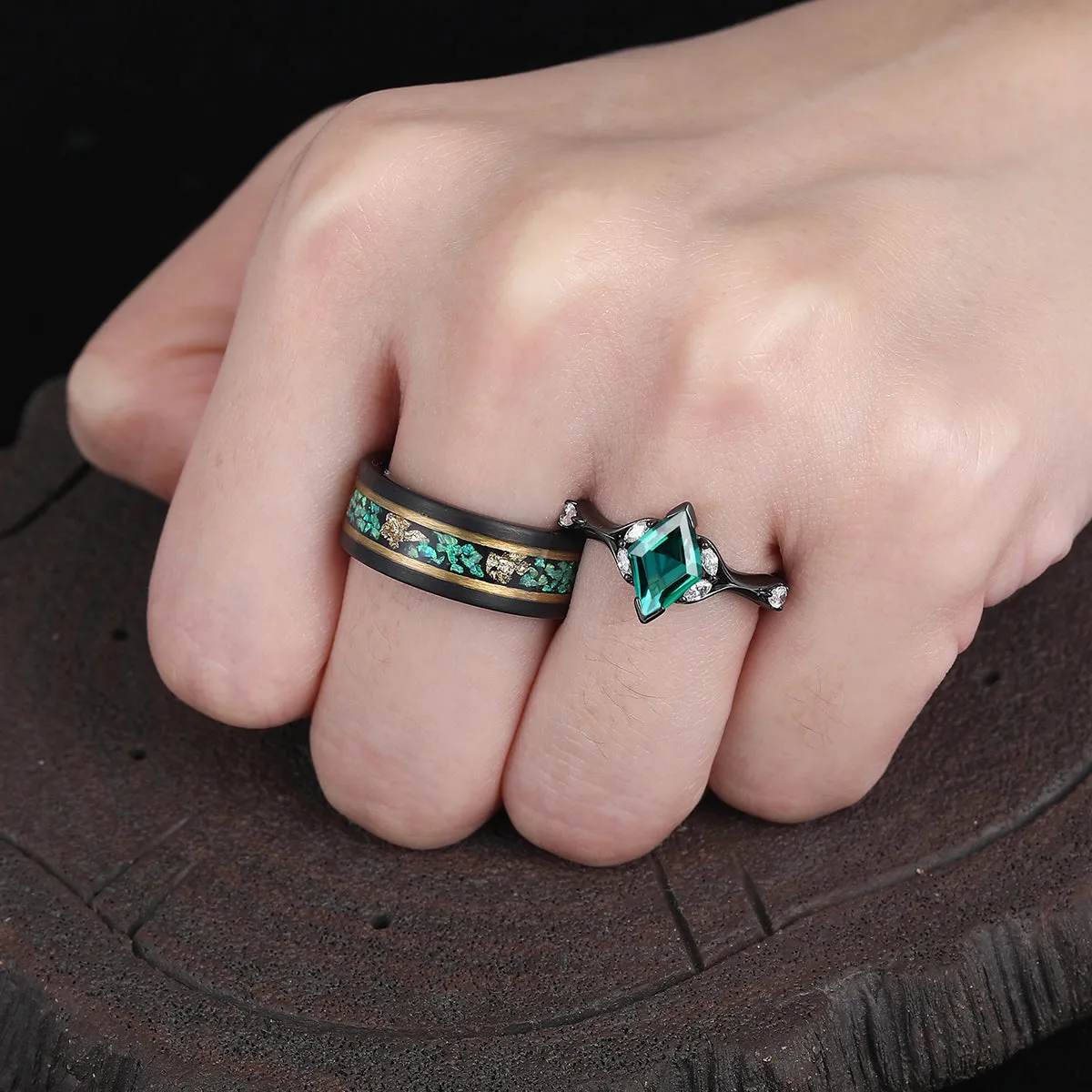 Stylish Rhombus Emerald Curved Engagement Rings For Couples Promise His And Hers Matching Green Tungsten Wedding Band