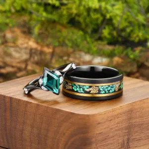 Stylish Rhombus Emerald Curved Engagement Rings For Couples Promise His And Hers Matching Green Tungsten Wedding Band