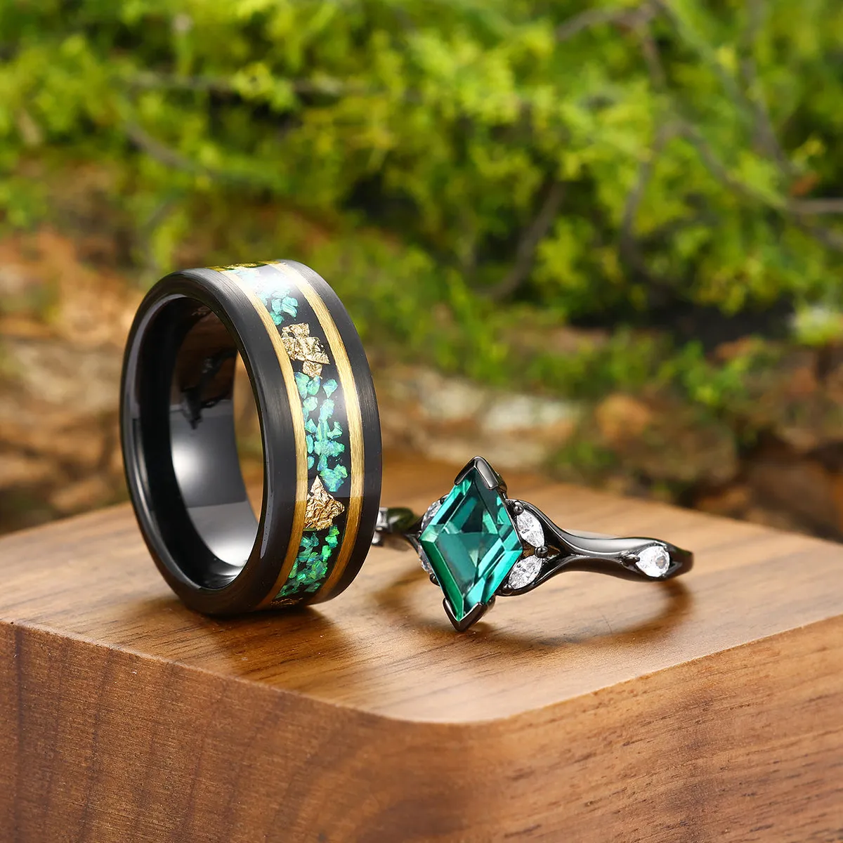 Stylish Rhombus Emerald Curved Engagement Rings For Couples Promise His And Hers Matching Green Tungsten Wedding Band