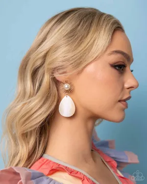 Sunburst Sophistication - Gold - Teardrop Seashell White Pearl Paparazzi Post Earrings