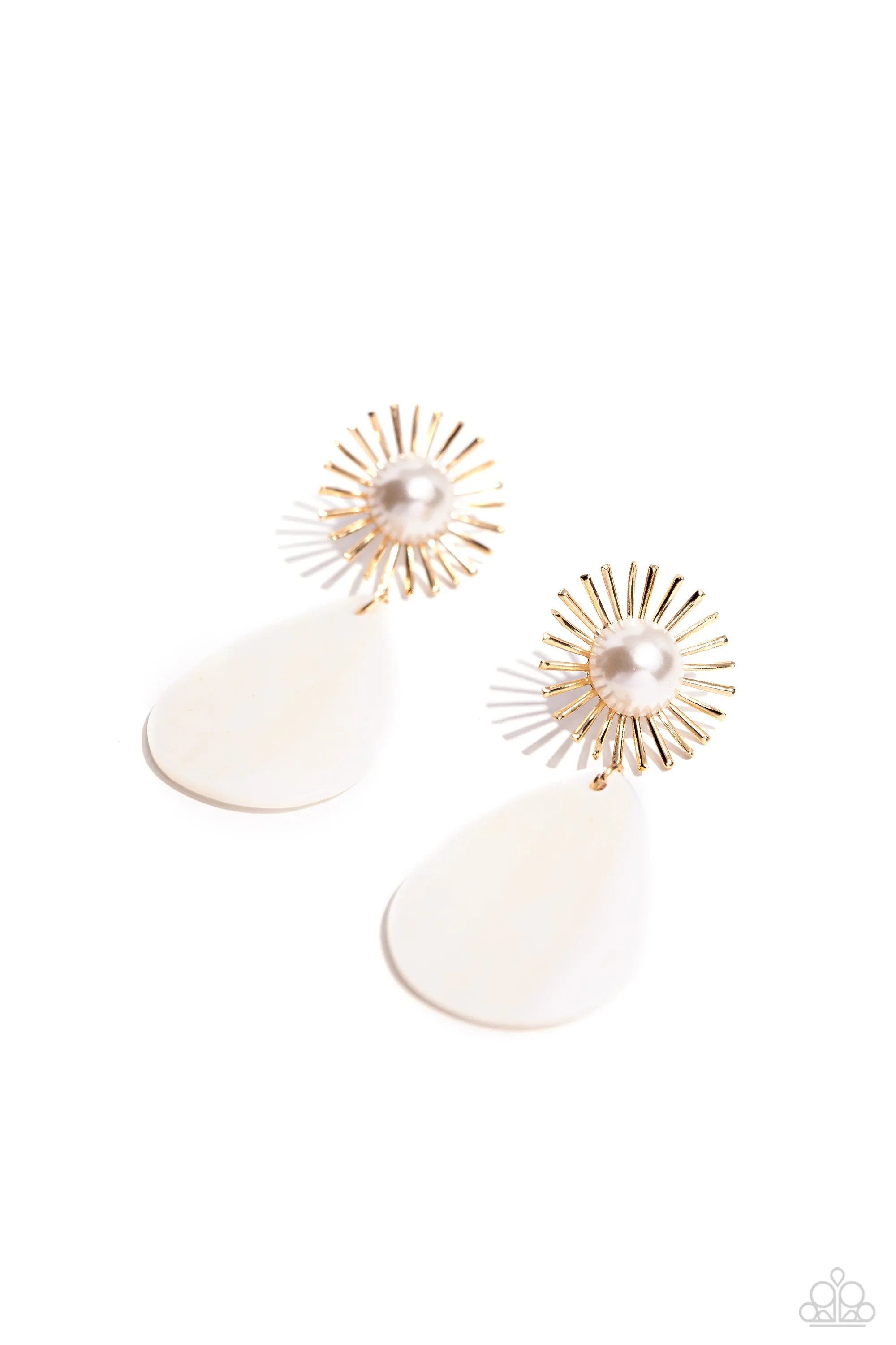 Sunburst Sophistication - Gold - Teardrop Seashell White Pearl Paparazzi Post Earrings