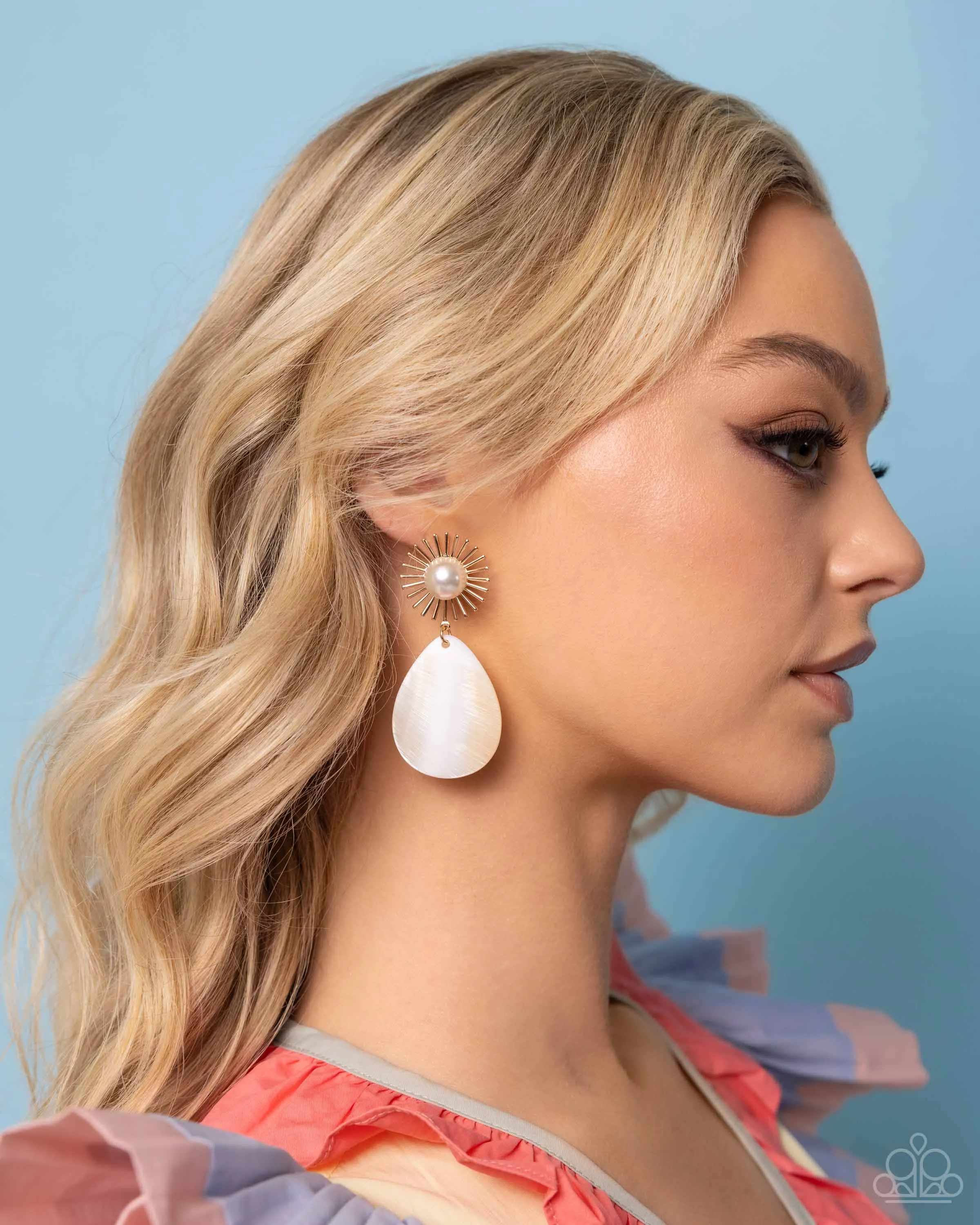 Sunburst Sophistication - Gold - Teardrop Seashell White Pearl Paparazzi Post Earrings