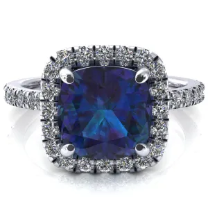 Talia Cushion Alexandrite 4 Prong Halo 5/8 Micropave Engagement Ring