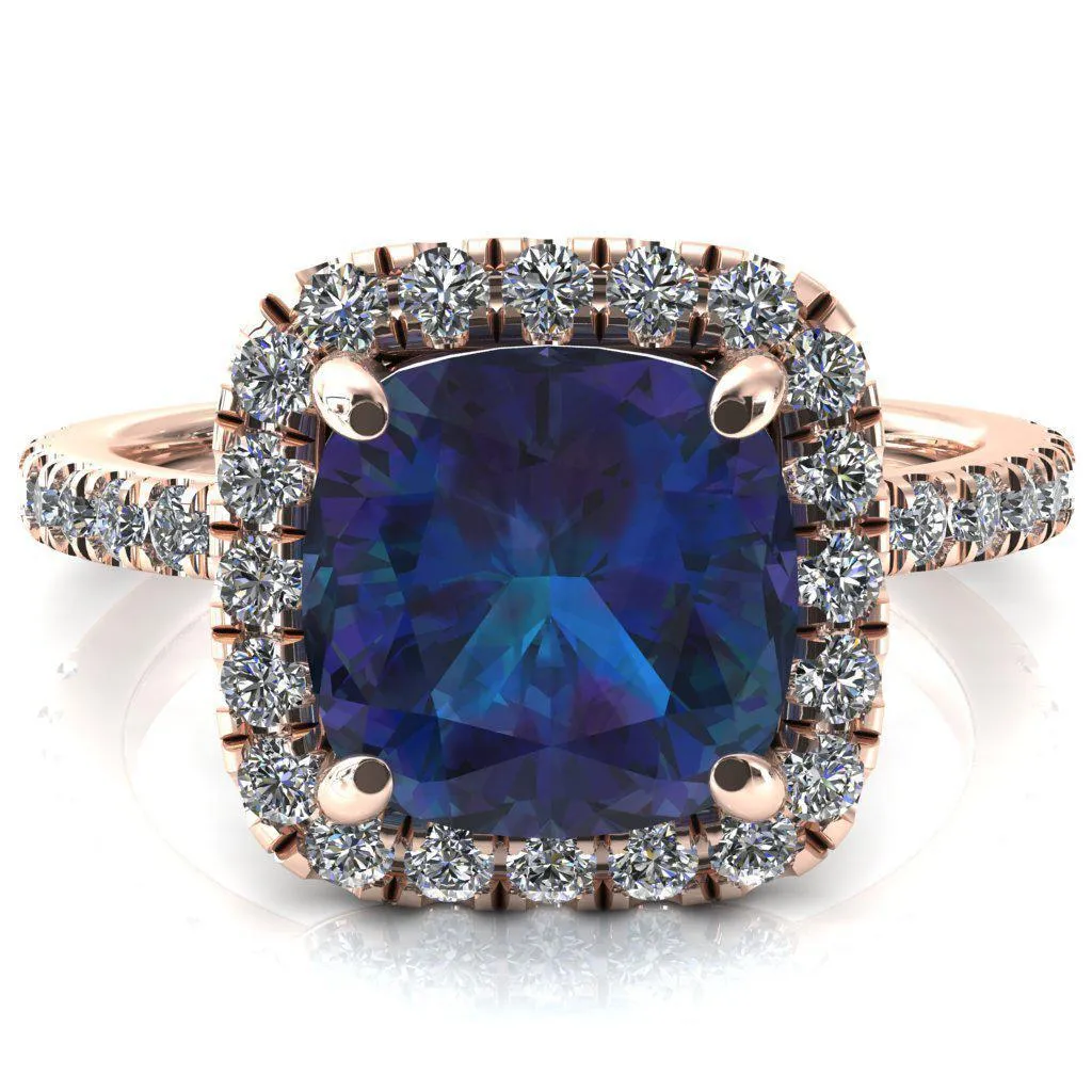 Talia Cushion Alexandrite 4 Prong Halo 5/8 Micropave Engagement Ring