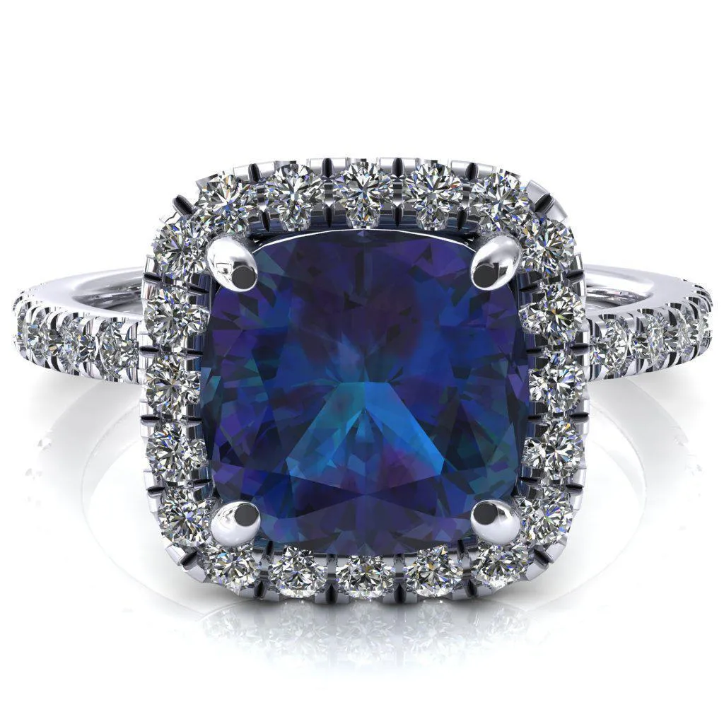Talia Cushion Alexandrite 4 Prong Halo 5/8 Micropave Engagement Ring