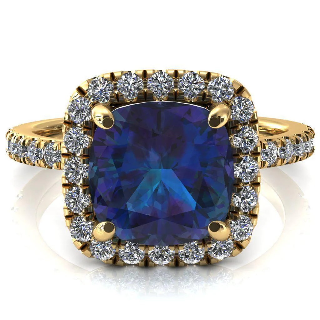 Talia Cushion Alexandrite 4 Prong Halo 5/8 Micropave Engagement Ring