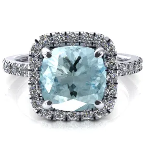 Talia Cushion Aqua Blue Spinel 4 Prong Halo 5/8 Micropave Engagement Ring