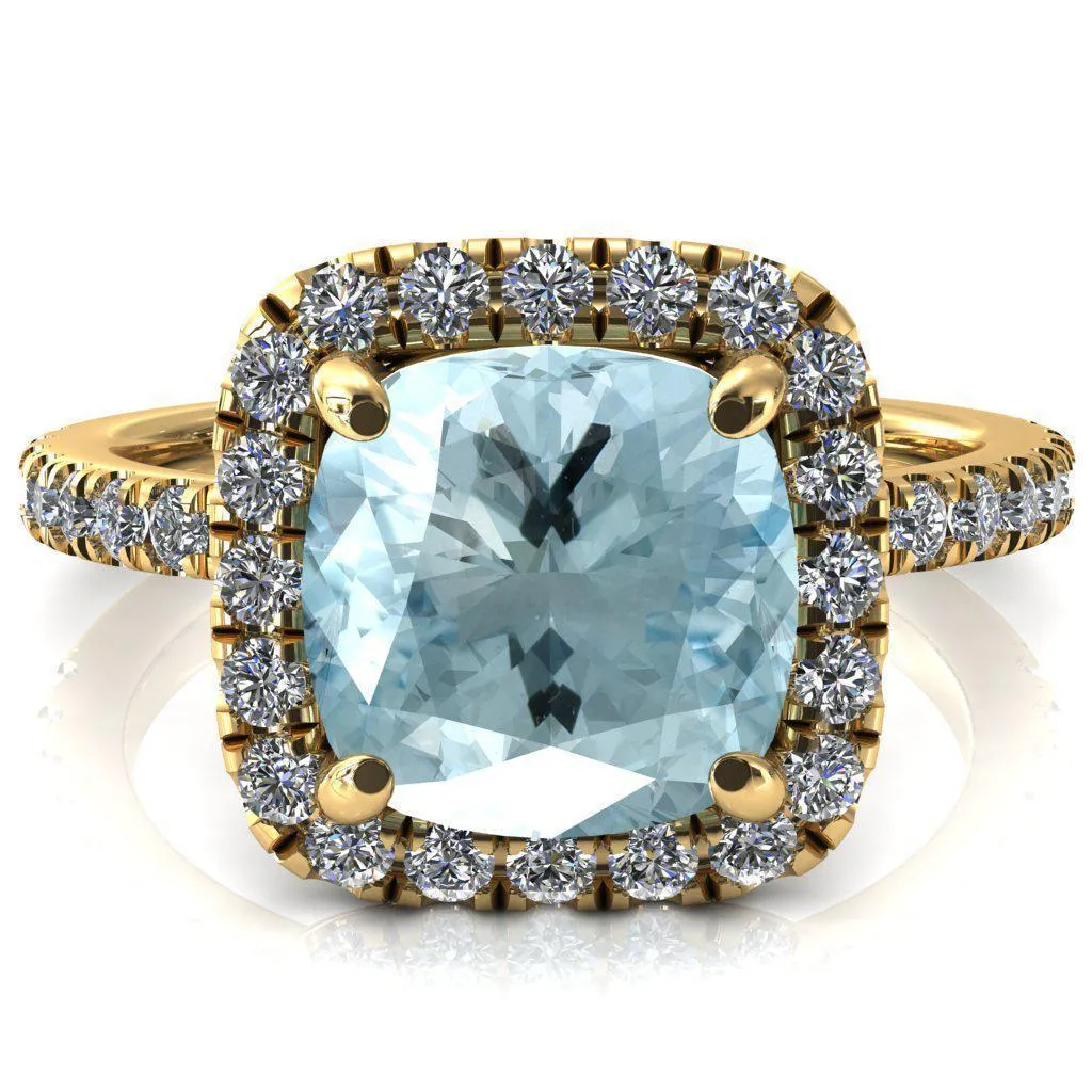 Talia Cushion Aqua Blue Spinel 4 Prong Halo 5/8 Micropave Engagement Ring