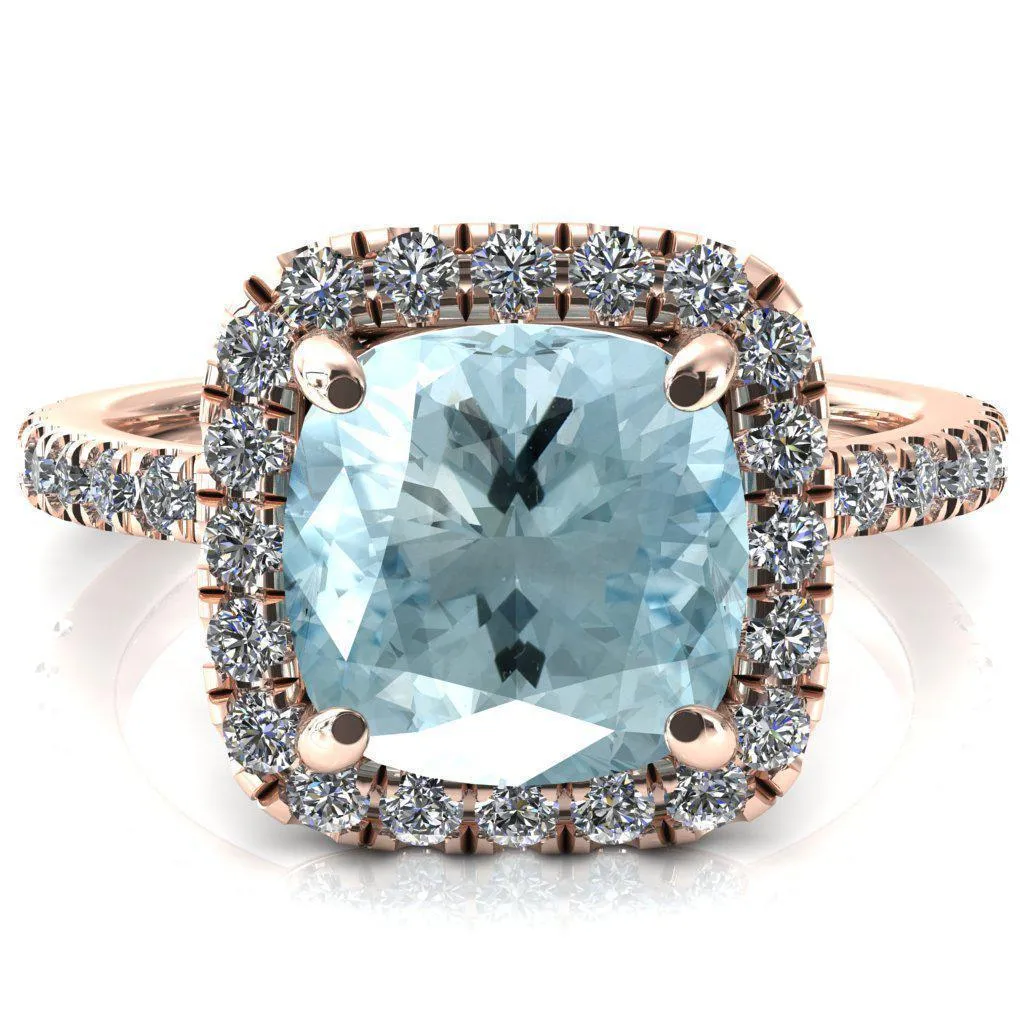 Talia Cushion Aqua Blue Spinel 4 Prong Halo 5/8 Micropave Engagement Ring
