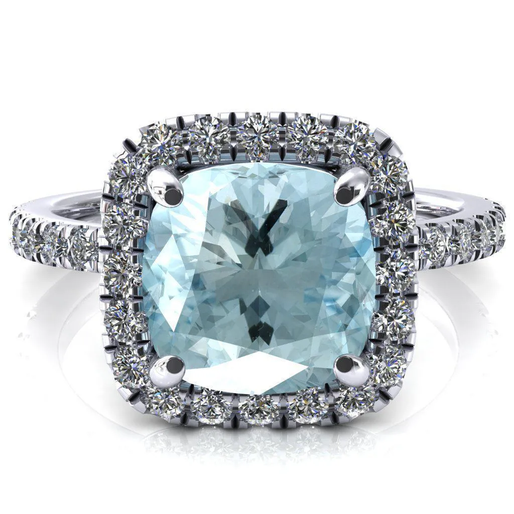 Talia Cushion Aqua Blue Spinel 4 Prong Halo 5/8 Micropave Engagement Ring