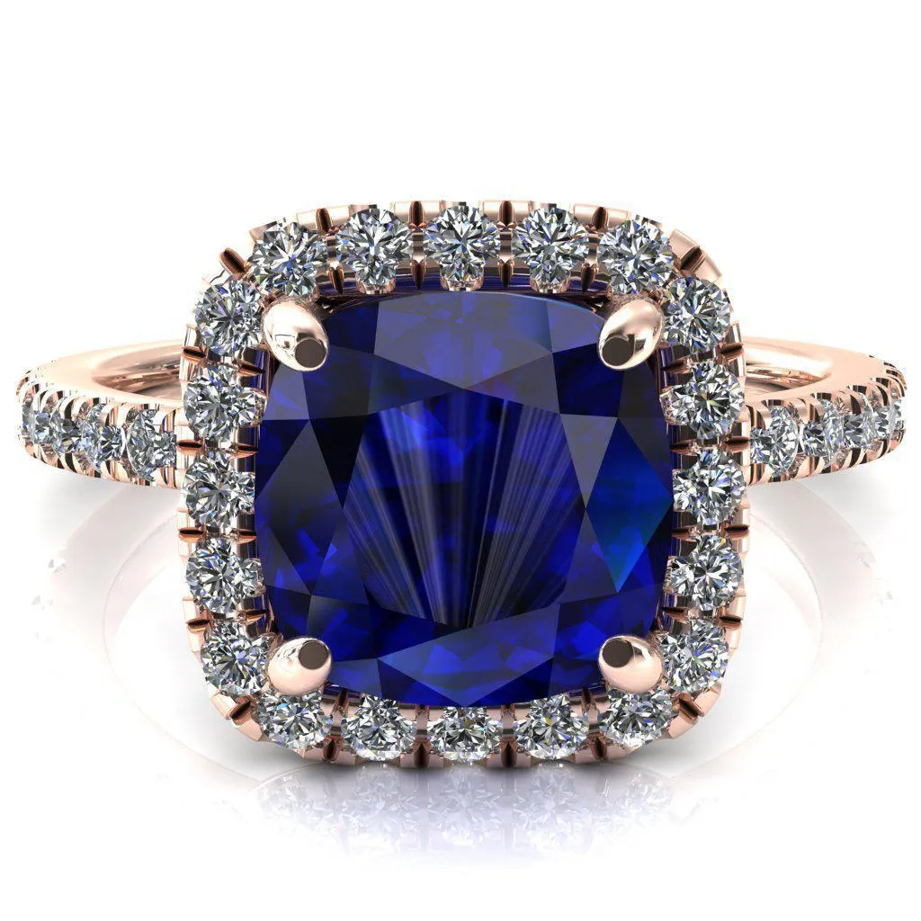 Talia Cushion Blue Sapphire 4 Prong Halo 5/8 Micropave Engagement Ring