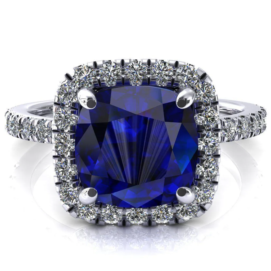 Talia Cushion Blue Sapphire 4 Prong Halo 5/8 Micropave Engagement Ring