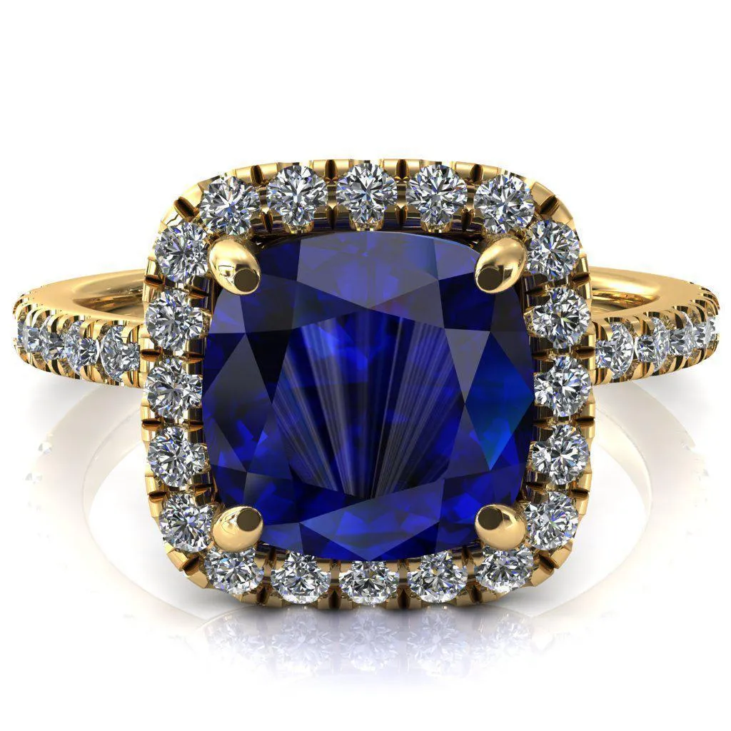 Talia Cushion Blue Sapphire 4 Prong Halo 5/8 Micropave Engagement Ring