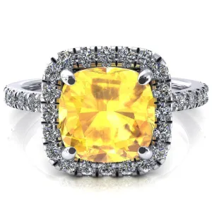 Talia Cushion Yellow Sapphire 4 Prong Halo 5/8 Micropave Engagement Ring