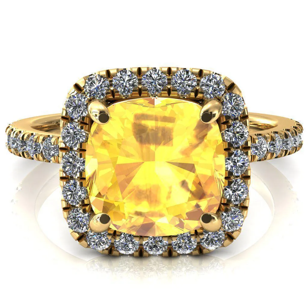 Talia Cushion Yellow Sapphire 4 Prong Halo 5/8 Micropave Engagement Ring