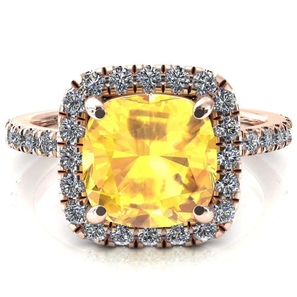 Talia Cushion Yellow Sapphire 4 Prong Halo 5/8 Micropave Engagement Ring