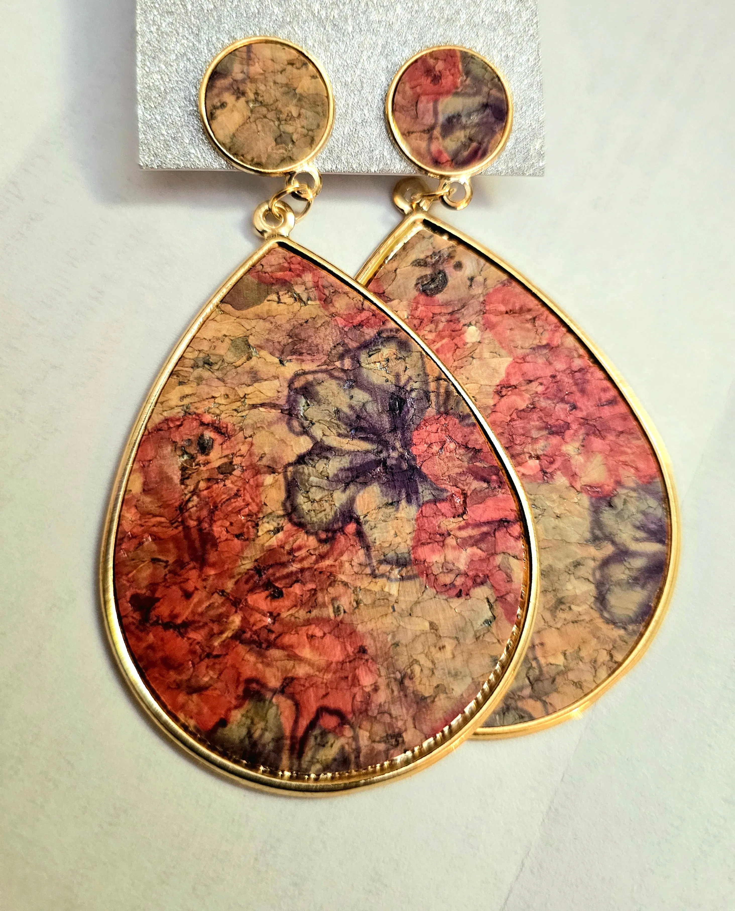 Tan and Red Floral Teardrop Earrings