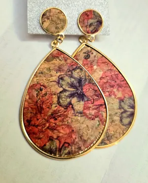 Tan and Red Floral Teardrop Earrings