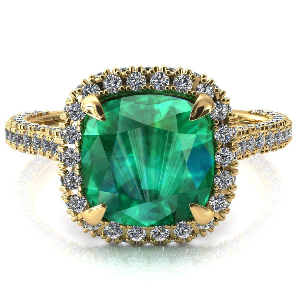 Taniya Cushion Emerald 4 Claw Prong Halo 3/4 Eternity 3 Sided Diamond Shank Cathedral Engagement Ring