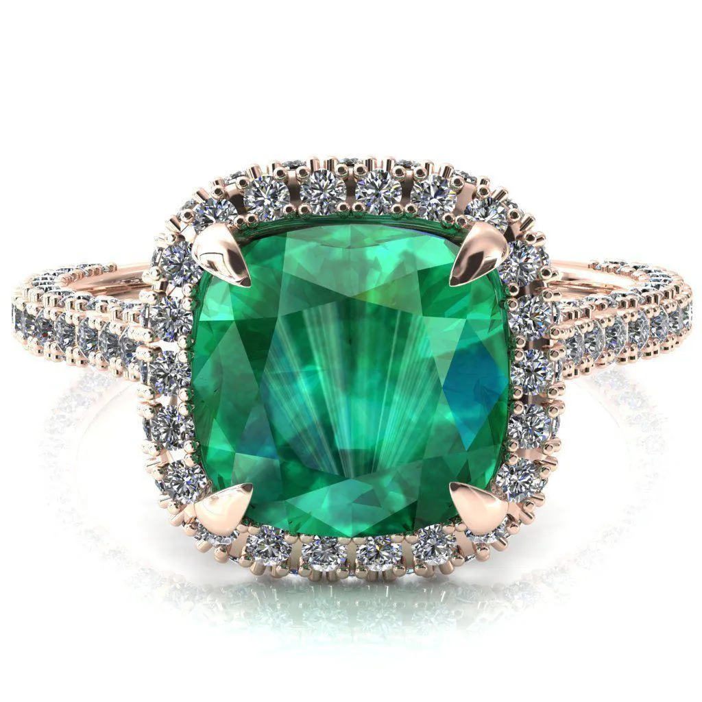 Taniya Cushion Emerald 4 Claw Prong Halo 3/4 Eternity 3 Sided Diamond Shank Cathedral Engagement Ring
