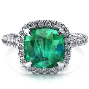Taniya Cushion Emerald 4 Claw Prong Halo 3/4 Eternity 3 Sided Diamond Shank Cathedral Engagement Ring