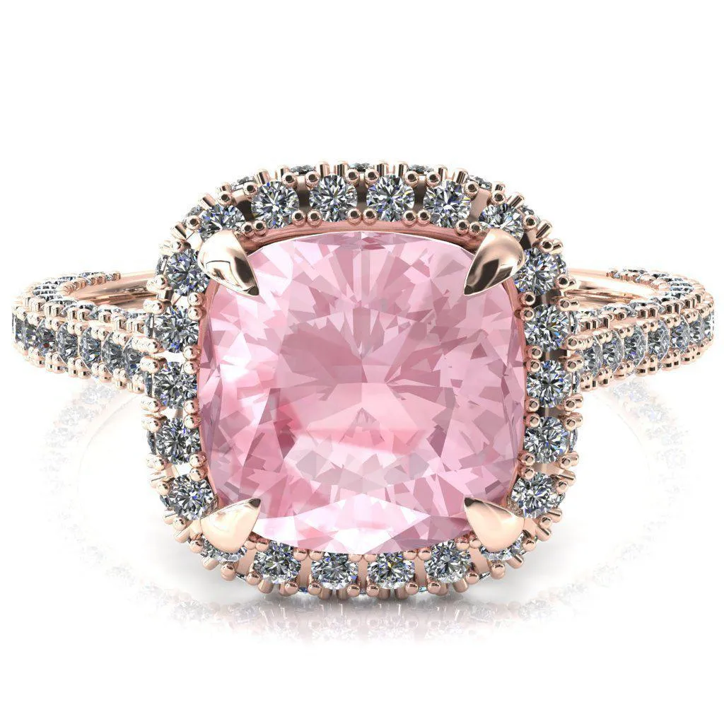 Taniya Cushion Pink Sapphire 4 Claw Prong Halo 3/4 Eternity 3 Sided Diamond Shank Cathedral Engagement Ring
