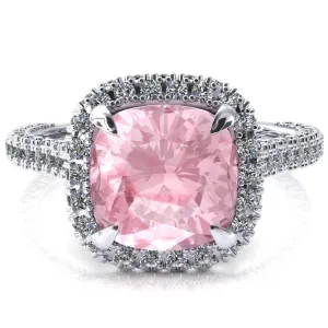 Taniya Cushion Pink Sapphire 4 Claw Prong Halo 3/4 Eternity 3 Sided Diamond Shank Cathedral Engagement Ring